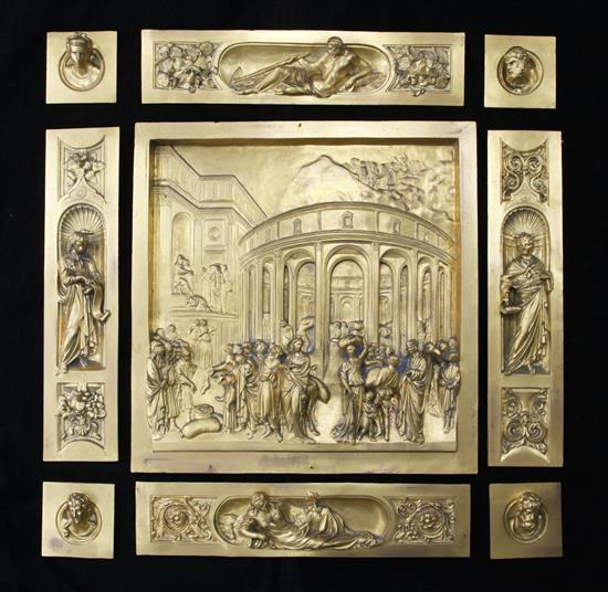 After Lorenzo Ghiberti (1378-1435). A set of nine gilt bronze relief plaques, representing a section of The Gates of Paradise, the cent